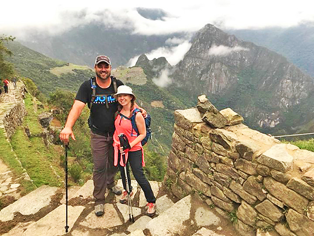 Machu Picchu, Peru (2017): Sam and his wife, Christina, at the Inti Punku (Sun Gate) pass on the Inca Trail shortly before descending to Machu Picchu on the fourth day of a hike in Peru.